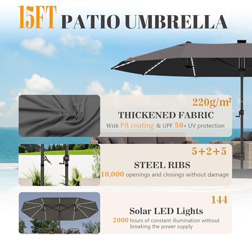 GDPFN 15ft Rectangular Patio Umbrella with Solar LED Lights, Double-Sided Outdoor Market Umbrella Extra Large Shade for Pool, Deck, Backyard, Garden, Dark Gray (Base Not Include) - color: Dark Gray, size: With Led