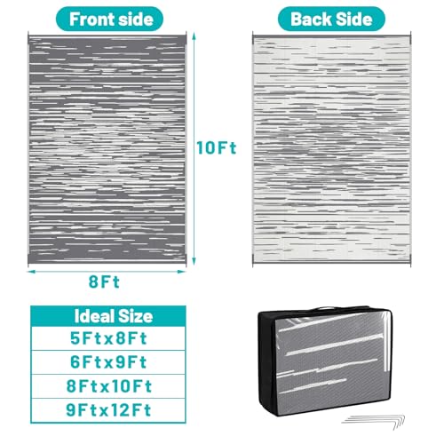 HEBE Outdoor Rug 8'x10' for Patios Clearance, Waterproof Reversible Plastic Straw Rug Camping Mat, Indoor Outdoor Area Rugs Carpet for Deck, Porch, RV, Picnic, Balcony - color: Stripe/Grey, size: 8' x 10' (Rectangular)