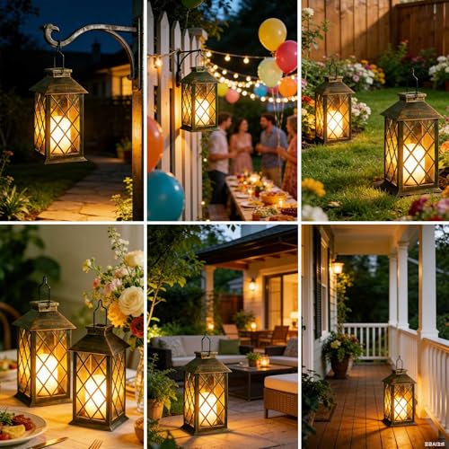 Solar Lanterns Outdoor Waterproof, 2 Pack 9" Glass Hanging Solar Lights with Flickering Flameless Candle, Outdoor Lanterns for Patio Wall Porch Table Garden Yard, Gift for Women Mom - Bronze - size: Bronze 9"