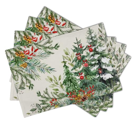 Christmas Placemats Set of 4, 12x18 Inch Winter Xmas Pine Branches Red Berry Bells Washable Heat-Resistant Cotton Linen Place Mats for Farmhouse Kitchen Dining Party Table Decor - color: Pine Bells