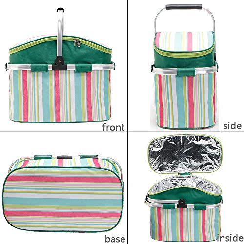 Insulated Picnic Basket 26L Portable Collapsible Market Basket Reusable Picnic Tote with Aluminum Handle Perfect for Camping, Shopping, Travel, Large Size Stylish Cooler Bag (Stripe) - color: Stripe