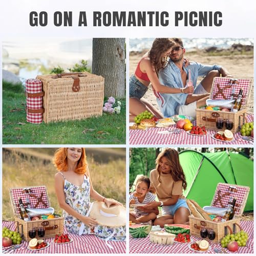 HappyPicnic Picnic Basket Set for 2 - Wicker Picnic Basket with Waterproof Blanket & Insulated Liner, Large Handmade Willow Hamper with Cutlery Kit for Outdoor, Picnic, Camping, Party, Holidays (Red) - color: Red Check