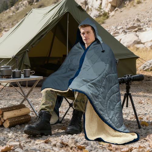 Outdoor Camping Blanket with Sherpa Lining, Extra Warm Thick Camp Blankets and Puffy Ultralight Soft Poncho DWR Camping Quilt for Cold Weather, Adventure, Sleeping, Backpacking 78"x 56" - color: Hooded - Blue Cloud Valley, size: 78 x 56 inches