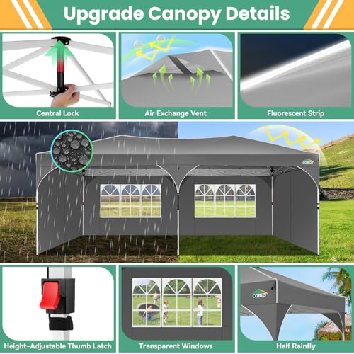 COBIZI 10x20 Pop Up Canopy Tent, Outdoor Party Tent with 4 Sidewalls, 1 Person Easy Set up, Tents for Parties with Fluorescent Strip & 4 Sandbags, Waterproof UPF50+, 3 Adjustable Height, Gray - color: Gray, size: 10x20ft