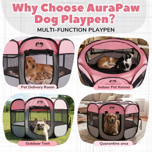 Puppy Playpen Indoor for Small Dogs & Cats,Foldable Portable Dog Playpen with Mesh,Pop Up Pet Playpen with Zipper Door,Waterproof Pet Pen for Indoor Outdoor Travel with Carrying Case,Pink S - size: S