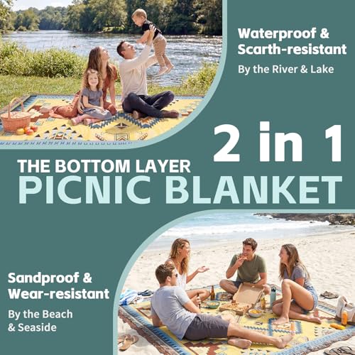 2 in 1 Extra Large Camping Blanket Outdoor Picnic Yoga Mat Lightweight Car Essential Roadtrip Gadget Rv Accessories Glamping Tent Gear Must Haves Hiking Stuff Backpacking Necessities Women Beach Gift - color: Boho Yellow