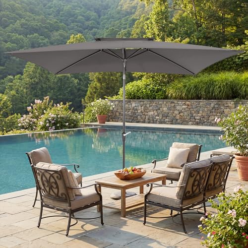 6.6 x 10 ft Rectangular Patio Umbrella, Outdoor Market Table Umbrella with Push Button Tilt and Crank, Double-Tier Vent, 6 Ribs, Rectangle Patio Umbrella for Backyard, Deck, Pool, Fits 4–6 Chairs and Tables (Grey) - color: Grey