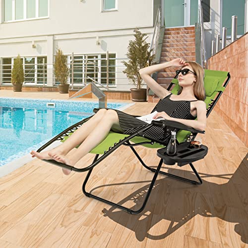 Giantex 2 PCS Zero Gravity Chair, Outdoor Chaise Lounge with Cup Holder, Patio Folding Chairs Recliner for Yard Pool Lawn Balcony - color: Green, size: 1 Count (Pack of 2)