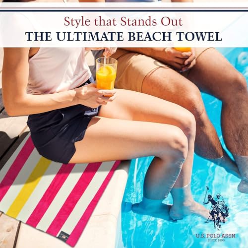 U.S. POLO ASSN. Oversized (40” x 70”) Striped Nautical Design Beach Towel - Luxury Plush Cotton Hotel Quality for Bath, Pool - Cabana Stripe Fuchsia/Yellow - color: Cabana Stripe Fushia/Yellow, size: 40" x 70"