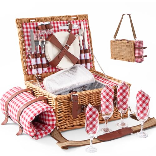 Willow Picnic Basket Set for 4 with Large Insulated Bag and Waterproof Picnic Blanket，Utensils, Glasses, Wicker Picnic Hamper for Camping,Outdoor,Birthday, Valentine, Red - color: Red With Blanket, size: For 4 Persons
