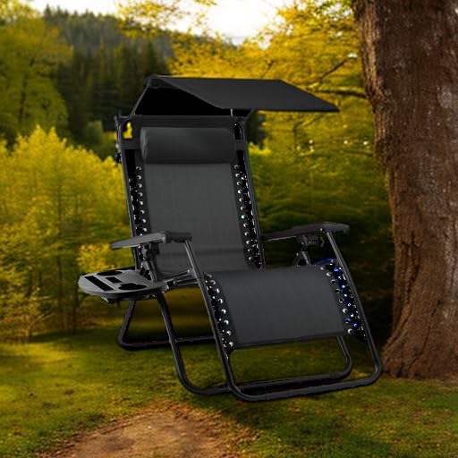 Best Choice Products Folding Zero Gravity Outdoor Recliner Patio Lounge Chair w/Adjustable Canopy Shade, Headrest, Side Accessory Tray, Textilene Mesh - Black - color: Black, size: Standard