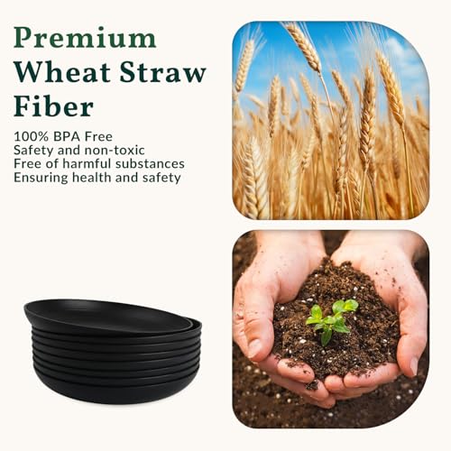 Homienly Wheat Straw Plates Unbreakable Deep Dessert Plates Set of 8 Plastic Plates Reusable Microwave Safe Plate for Kitchen Camping Party Dishwasher Safe Stackable Appetizer Plates (8in, Black) - color: Black, size: 8 inch
