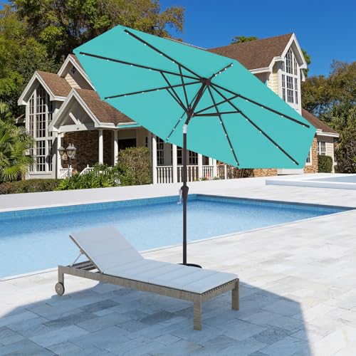 9FT Patio Umbrella with Solar Lights,Outdoor Market Umbrella with Tilt and Crank, LED Lighted Table Umbrella for Garden,Deck,Backyard,Pool,Beach (Peacock Blue) - color: Peacock Blue