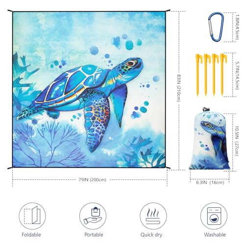 AISPARKY Beach Blanket Waterproof Sandproof Extra Large, Oversized Beach Mat, Quick Drying&Compact&Lightweight, Picnic Blankets Vacation Essentials for Outdoor Beach Camping (79" X 83" (4 Person)) - color: Blue - Turtle, size: 6'11" x 6'7"