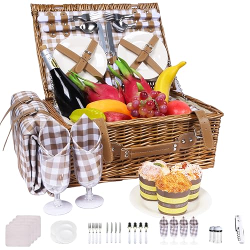 Neti Neti Wicker Picnic Basket for 4 with Insulated Cooler & Waterproof Blanket – Large Willow Picnic Hamper for Outdoor, Camping, Beach, Romantic Dates, Valentine’s Day - color: Khaki Plaid