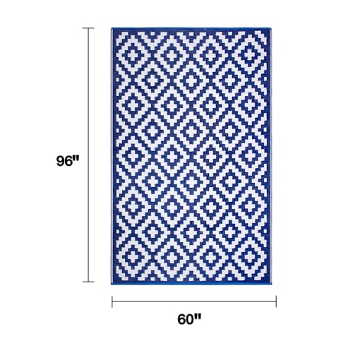 FH Home Outdoor Rug - Waterproof, Fade Resistant, Reversible - Premium Recycled Plastic - Geometric - Patio, Porch, Deck, Balcony - Aztec - Blue & White Crease Free - 5 x 8 ft - color: Aztec - Blue & White, size: 5' x 8' (Rectangular)