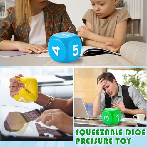 Zomiboo 4 Pcs Jumbo 4 Inch Foam Dice Set, Soft Stress Relief Toy for Kids & Adults, Colorful 6 Sided Giant Dice for Classroom Math, Family Board Games, Holiday Stocking Stuffers(Bright Colors,Number) - color: Bright Colors, style: Number