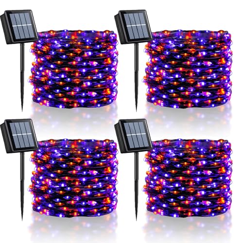 YEGUO Orange and Purple Halloween Lights Outdoor Waterproof, 4 Packs Each 33ft 100 LED Solar Fairy Light,8 Modes Black Wire String Lights - color: Orange and Purple
