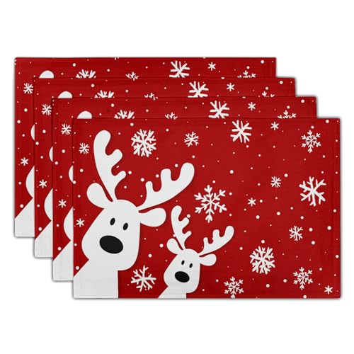 Christmas Reindeer Placemats Set of 4, 12x18 Inch Funny Xmas Red Snowflakes Winter Seasonal Heat Resistant Washable Place Mats for Kitchen Dining Table Indoor Holiday Party Decor - color: Christmas Reindeer