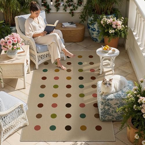 HUGEAR 3x5 Jute Outdoor Indoor Rug Washable Geometric Linen Textured Weave High Traffic Stain Resistant Non Slip Durable Carpet for Patio Deck Balcony Courtyard (Rainbow, 3' x 5') - color: Rainbow Polka Dots, size: 3'x5' (Rectangular)