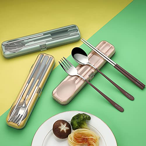 DEVICO Portable Utensils, Travel Reusable Silverware Flatware Set for Lunch, 18/8 Stainless Steel 4-Piece Camping Cutlery Include Fork Spoon Chopsticks with Case (Brown) - color: Brown
