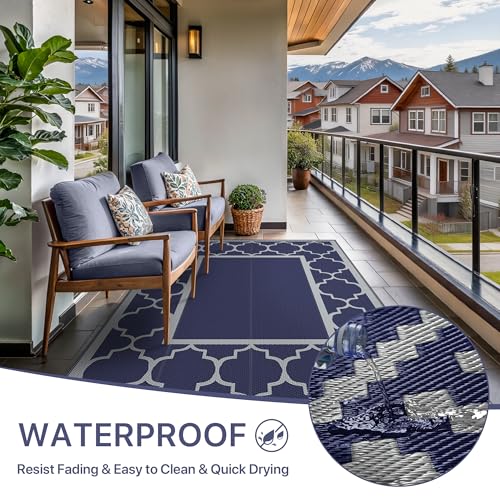 GENIMO 4 ' x 6 ' Outdoor Rug for Patio Clearance, Waterproof Indoor Outdoor Plastic Straw Rugs Carpet, Reversible Outside Area Rv Mat for Camping, Balcony Porch, Deck, Picnic, Beach (Blue & Gray) - color: Blue & Grey, size: 4' x 6' (Rectangular)