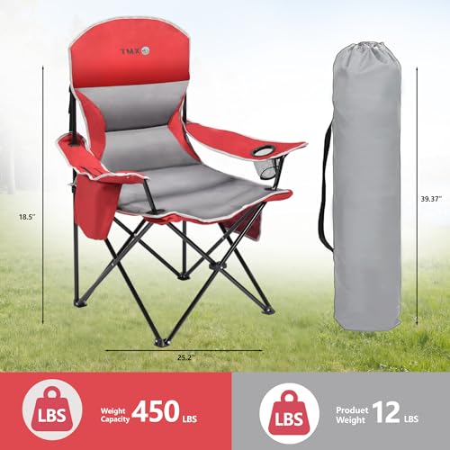 XMT Extra Wide Armrests Portable Folding Chair with Cup Holder Cooler Bag Heavy Duty 600D Oxford Fabric Supports 450lbs Compact Foldable Camping Chair for Outdoor Beach Picnic Sports - color: 02-red
