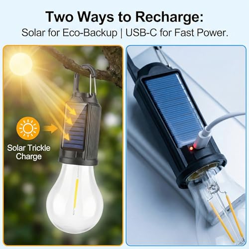 5-Pack Solar LED Camping Light Bulb, Rechargeable Emergency Light Bulbs for Power Outage, Portable Tent Lantern with Hook, Waterproof, for Tent, Hiking, Home