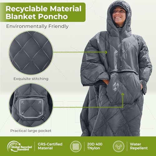 ATEPA Wearable Sleeping Bag, Recycled Water-Resistant Camping Blanket Poncho, Ultralight Packable Stadium Blanket for Outdoor - color: Grey