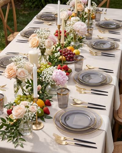 Supernal 180PCS Black and Gold Plastic Dinnerware Set - Black Plastic Plates with Disposable Silverware Include 30 Dinner / 30 Dessert Plates, 30 Forks,30 Knives,30 Spoons & 30 Cups for Party&New Year - color: 180pcs Black and Gold Dinnerware Set