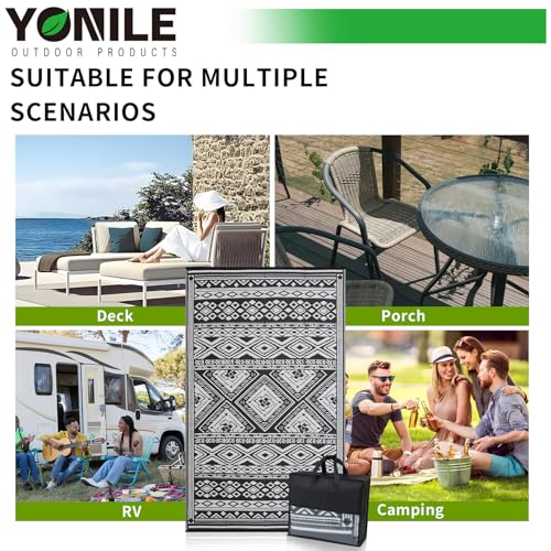 YONILE Outdoor Rug 5x8 ft Waterproof, Reversible Outdoor Plastic Straw Rug for Patios Clearance, Outdoor Area Rug Carpet RV Mat for Camping Backyard Deck Porch - color: Black&white- Geometric, size: 5x8ft
