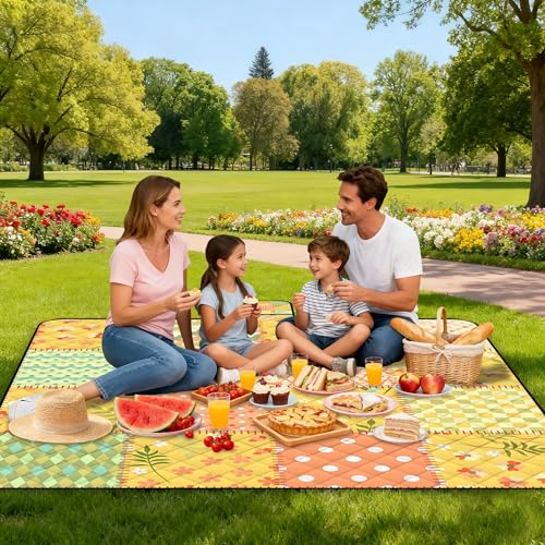 Extra Large Picnic Blanket Waterproof,80"x 80"Foldable Machine Washable Beach Blanket,Outdoor Blanket for 6-8 Adults,Suitable for Indoor Crawling,Park Beach,Camping,Hiking,Family Travel(Colorful) - color: Yellow Tile, size: 6'8" x 6'8" (Square)