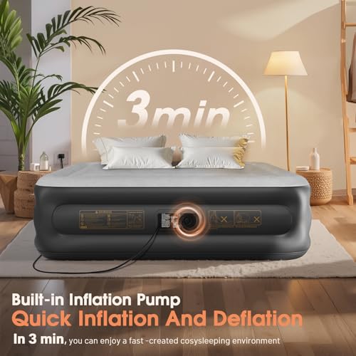 Air Mattress Queen with Built in Pump,18'' Inflatable Mattress 2 Mins Self-Inflation/Deflation,Thicker Blow up Mattress Leak-Proof,Flocked Top Air Bed with Storage Bag for Home, Camping & Guests - color: Grey, size: Queen 18''(comfort Height)