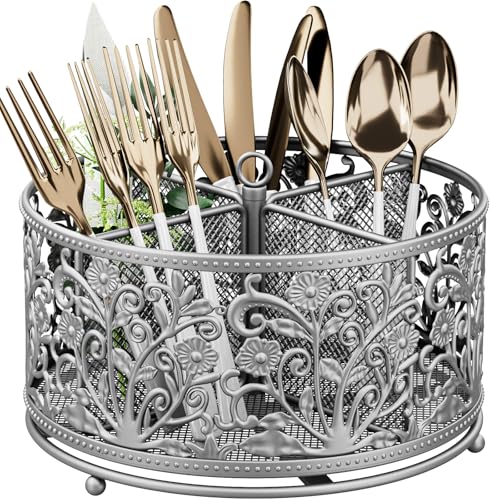 YIUKEA 360° Rotating Utensil Caddy - Silverware Cutlery Caddy Holder with 4 Compartment, Metal Flatware Organizer Countertop with Handle for Party Camping Picnic, Kitchen Counter, Office (Silver) - color: Silver