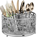 YIUKEA 360° Rotating Utensil Caddy - Silverware Cutlery Caddy Holder with 4 Compartment, Metal Flatware Organizer Countertop with Handle for Party Camping Picnic, Kitchen Counter, Office (Silver) - color: Silver