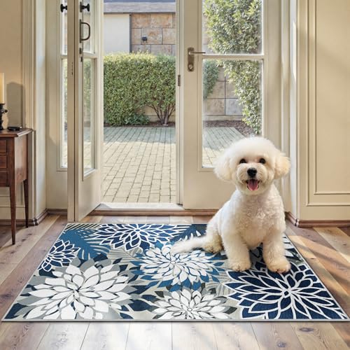 Arenarug 2x3 Washable Small Rug Tropical Botanical Modern Floral Indoor Chenille Door Mat Carpet Non Slip for Patio, Entry Way, Entrance, Porch, Blue - color: Blue White, size: 2' x 3' (Rectangular)