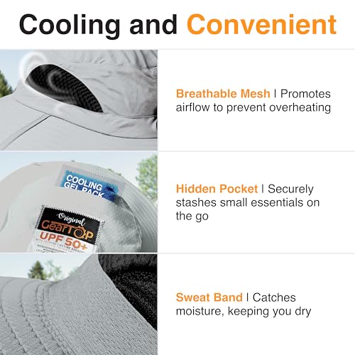 GearTOP Wide Brim Sun Hat for Men & Women, UPF 50+ Fishing Hat with Detachable Neck Flap & Face Cover Gardening Boonie Sunhat - color: Light Grey