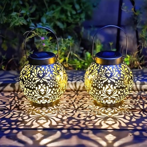 2 Pack Solar Lanterns Outdoor Gifts, IP44 Waterproof Hanging Solar Lights Decor Lamp for Garden, Patio, Pathway, Yard, Porch (Classic Black Flower) - color: Classic Black Flower