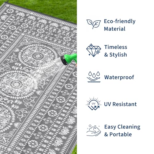 Garvee Reversible Outdoor Rug 9x18 for Patio, Waterproof Outdoor Area Rug, Modern Medallion Indoor Outdoor Rugs, Plastic Straw Rug for RV, Camping, Deck, Vintage Grey - color: Grey & White, size: 9' x 18' (Rectangular)