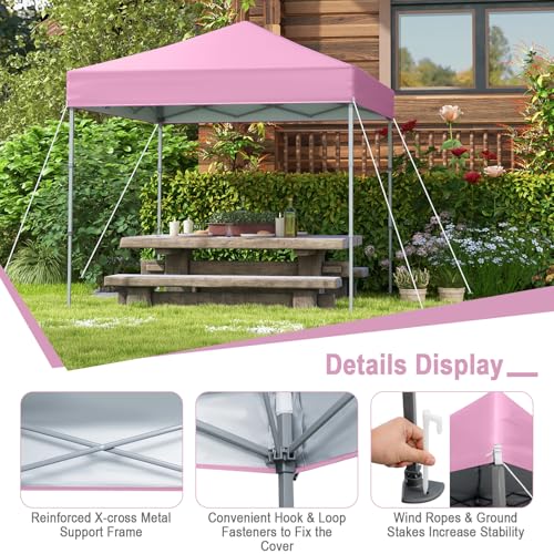 LDAILY 6.6 x 6.6 Ft Pop Up Canopy, Portable Canopy Tent Heavy Duty Instant Canopy w/Center Lock, 8 Stakes, 4 Ropes, Carry Bag, Sun Protection, Easy Up Outdoor Canopy for Party, Camping, Patio (Pink) - color: Pink