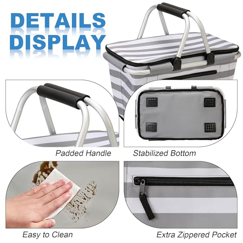 SIYUAN 30L Picnic Basket with Handles Leakproof Large Stripped Insulated Cooler Grocery Shopping Market Tote for Family Gray White - color: Gray White