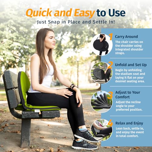 Alpcour Folding Stadium Seat – Deluxe Outdoor Camping Reclining Waterproof Cushion Chair for Bleachers – Best 6-Position Back Support Picnic Bleacher Seats w/Extra Thick Padding for Support & Comfort - color: Lime