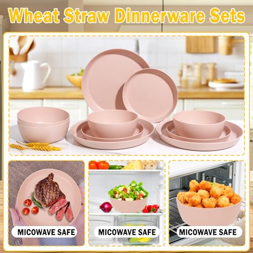 EI 12pcs Pink Wheat Straw Plates,Wheat Straw Dinnerware Set for 4,Plates and Bowls Sets,Plastic Plate Reusable,Unbreakable Plastic Plate Melamine,Camping Family Dishes Set - color: Pink Wheat Straw Plates and Bowls
