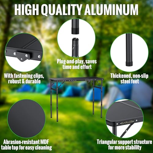 GARLLEN Folding Camping Table Max 27.5", 3-Height Adjustable Portable Camping Table with Carrying Bag, Lightweight Aluminum Folding Picnic Tables for BBQ, Travel, Outdoor, 34.2" L x 15.7" W - color: Black, size: Tabletop Size: 34.2"l X 15.7"w