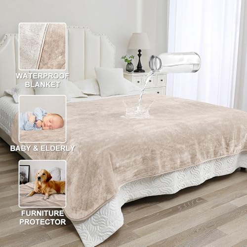Waterproof Blanket for Beds – Ideal for Couch & Pets Splash Proof Sherpa Throw, Leakproof TPU Layer, Stain Resistant Washable Bed Protector – Khaki, 90"x 80" - color: Khaki, size: 90"Lx80"W