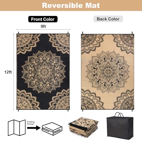 Yamaziot Outdoor Rug 9' x 12', Waterproof Reversible Plastic Straw Rug, Large Outdoor Rugs Mats RV, Picnic, Backyard, Balcony, Porch, Beach, Black Brown - color: Black Brown, size: 9' x 12'