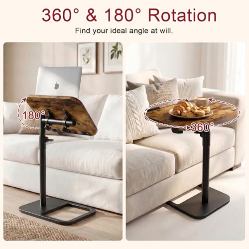 Tv Tray Table Adjustable Height Couch Side Table, Tilt Angle Adjustments-360° Swivel/180° Flip-Over Panel C-Shaped End Table With Tablet Slot, Computer Desk for Chair, Living Room (Rustic Brown) - color: Rustic Brown, style: Tilt C Table