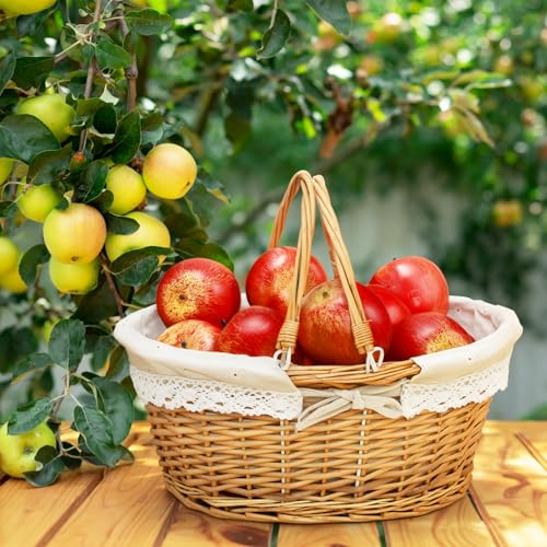 Peohud Wicker Picnic Basket, Woven Empty Easter Basket for Gifts, Picnic Hamper with Double Folding Handles, Willow Garden Harvest Basket with Linen for Candy, Egg Gathering, Toys, Wedding