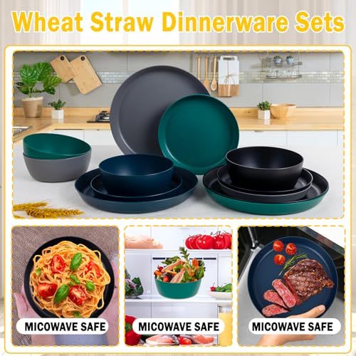 EI 12pcs Wheat Straw Plates,Plastic Plates Reusable,Unbreakable Plastic Plate,Wheat Straw Dinnerware Set,Melamine Plate-Black,Dark Grey,Dark Green,Dark Blue,Dinner, Camping,Picnic - color: Black,Drak Grey,Dark Green and Dark Blue Wheat Straw Plates and Bo