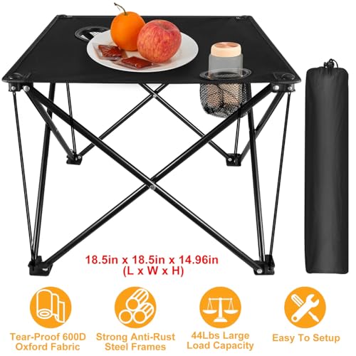 KOCASO 1Pc Foldable Camping Table Portable Picnic Table Lightweight Travel Desk with 2 Cup Holders Carrying Bag - color: Black
